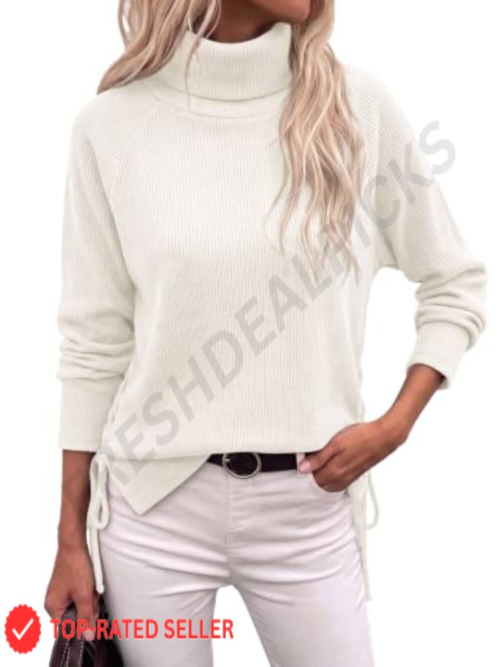 Turtleneck Oversized Sweater Ribbed Knit Side Slit Pullover